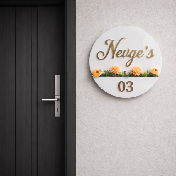 4 Round Premium Acrylic Name Plate with Gold 3D Letters
