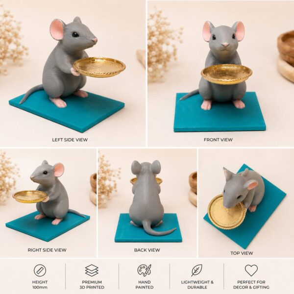 3D Printed Mushak Raj with Modak Holder 3D Printed Mushak Raj with Modak Holder | Premium Hand-Painted Undir Mama for Ganapati Decoration