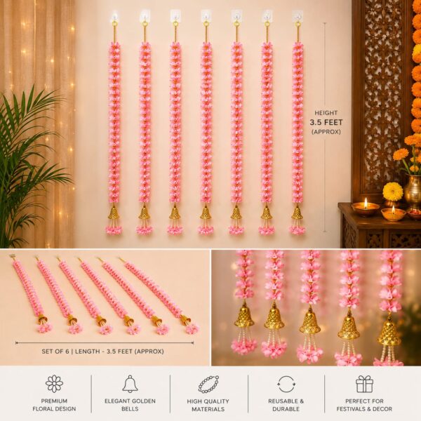 Premium Handmade Floral Door Hanging Baby Pink Premium Handmade Floral Wall Hanging (Set of 6) – 3.5 Feet | Decorative Festival Ladee