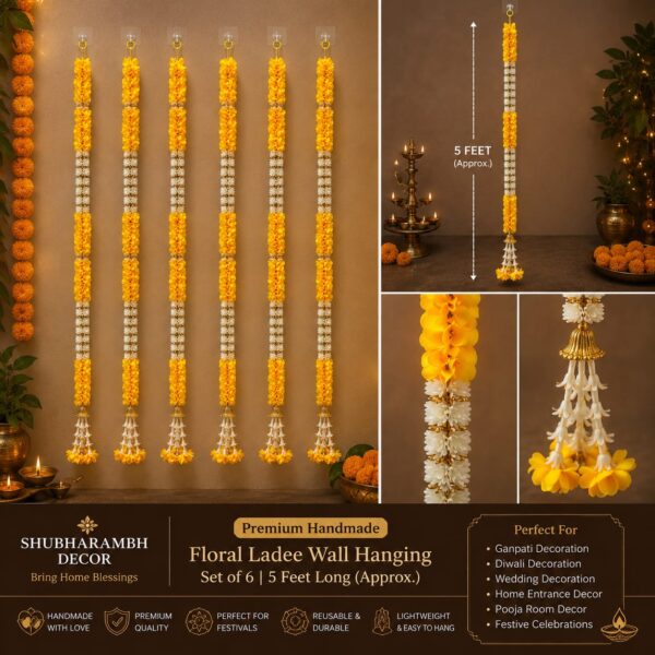 Premium Handmade Floral Ladee Wall Hanging Yellow & White Premium Handmade Floral Ladee Wall Hanging (Set of 6) – 5 Feet