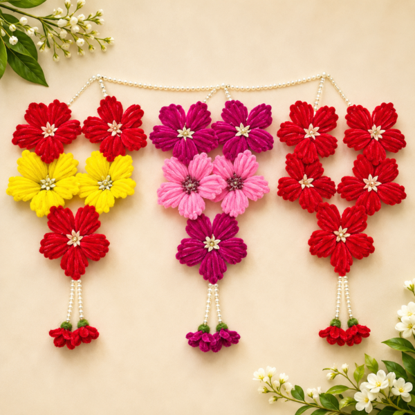 Handmade Jaswandi Flower Garland Toran with Pearl Beads – Multicolor Handmade Jaswandi Flower Garland Toran with Pearl Beads – Multicolor