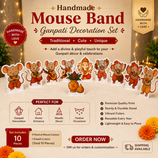 Handmade Mouse Band Ganpati Decoration Set – Musical Mouse Cutouts Handmade Mouse Band Ganpati Decoration Set – Musical Mouse Cutouts