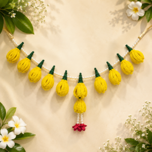 Handmade yellow Sonchafa flower garland with pearl beads for Ganpati decoration Handmade yellow Sonchafa flower garland with pearl beads for Ganpati decoration